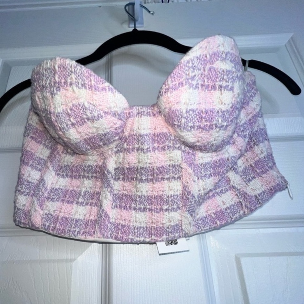 NWT Zara X Small Tweed Bustier Crop Corset Top Pink Purple Plaid XS Blogger Fav